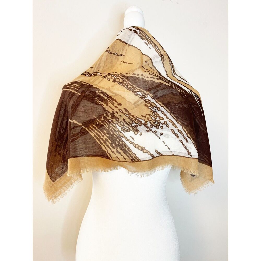 Abstract Brown Tan Cream Square Scarf Raw Fringe Lightweight Boho Wrap
